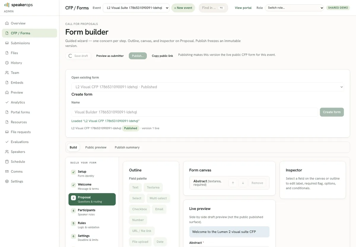 CFP form builder with field list and public preview controls
