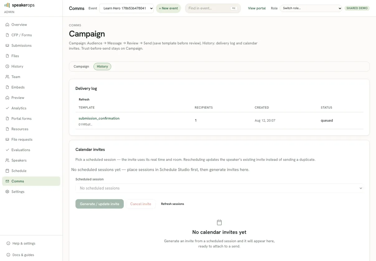 History surface: delivery log and calendar invite tools