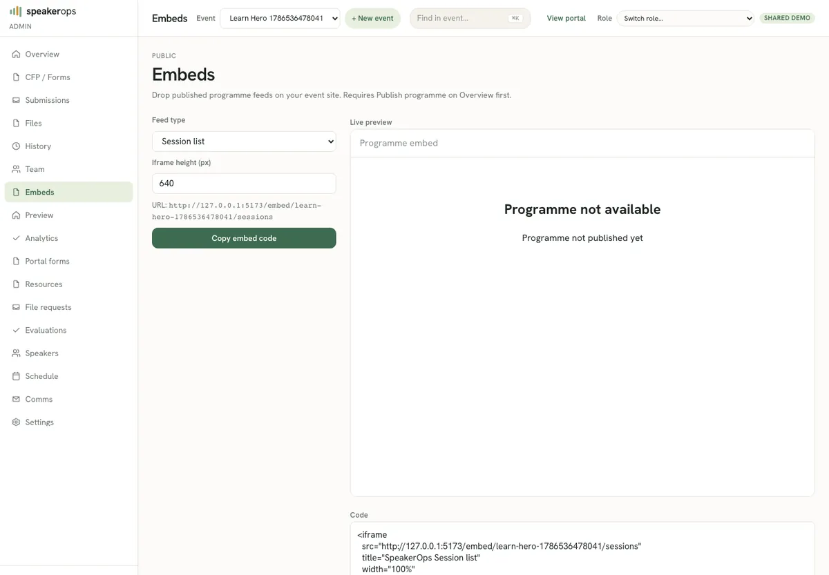 Embeds configurator with live preview and copy-code