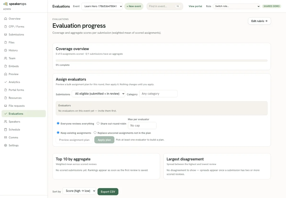 Segmented 1–5 scores per criterion on the evaluation queue