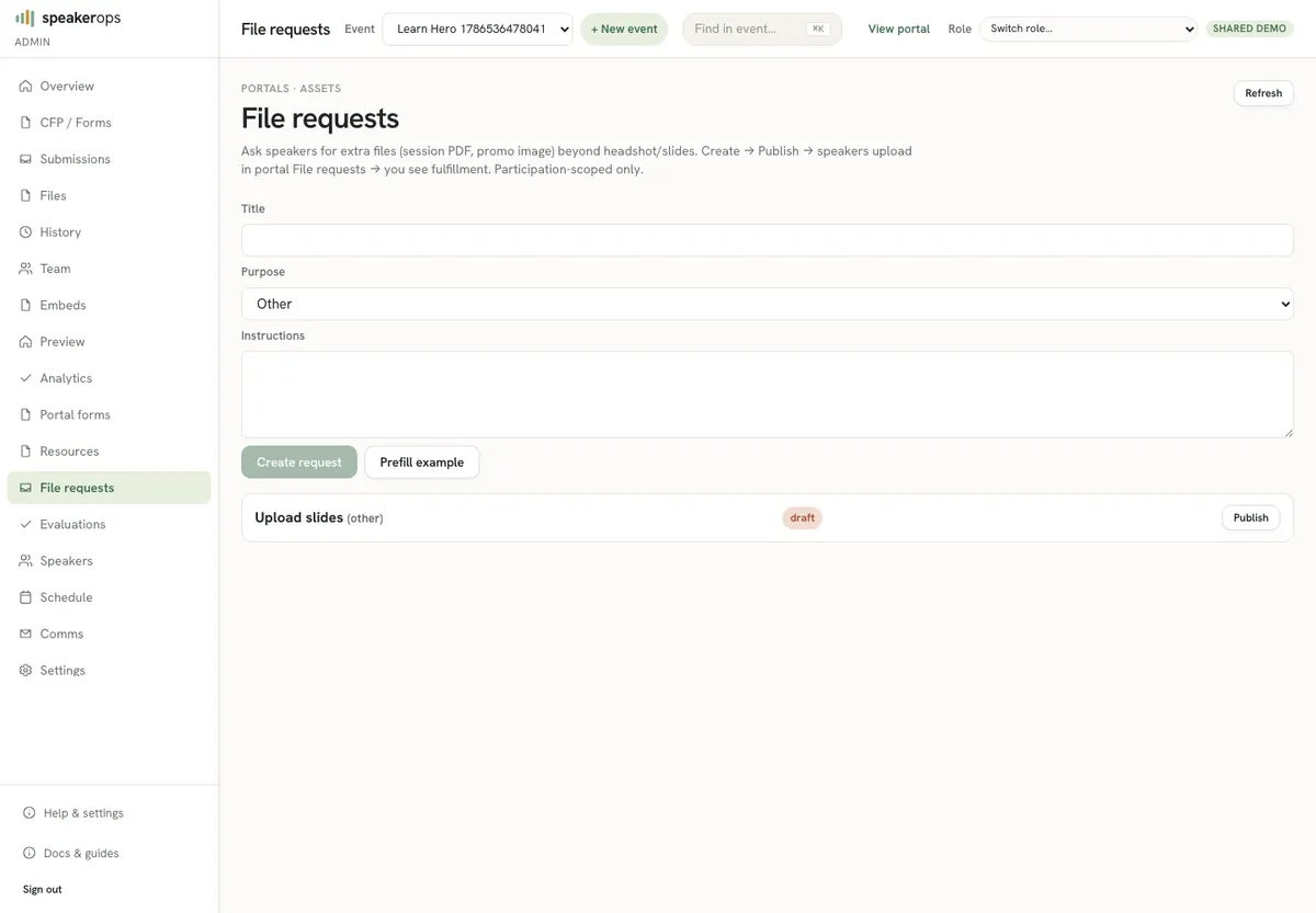 File requests library for speaker uploads