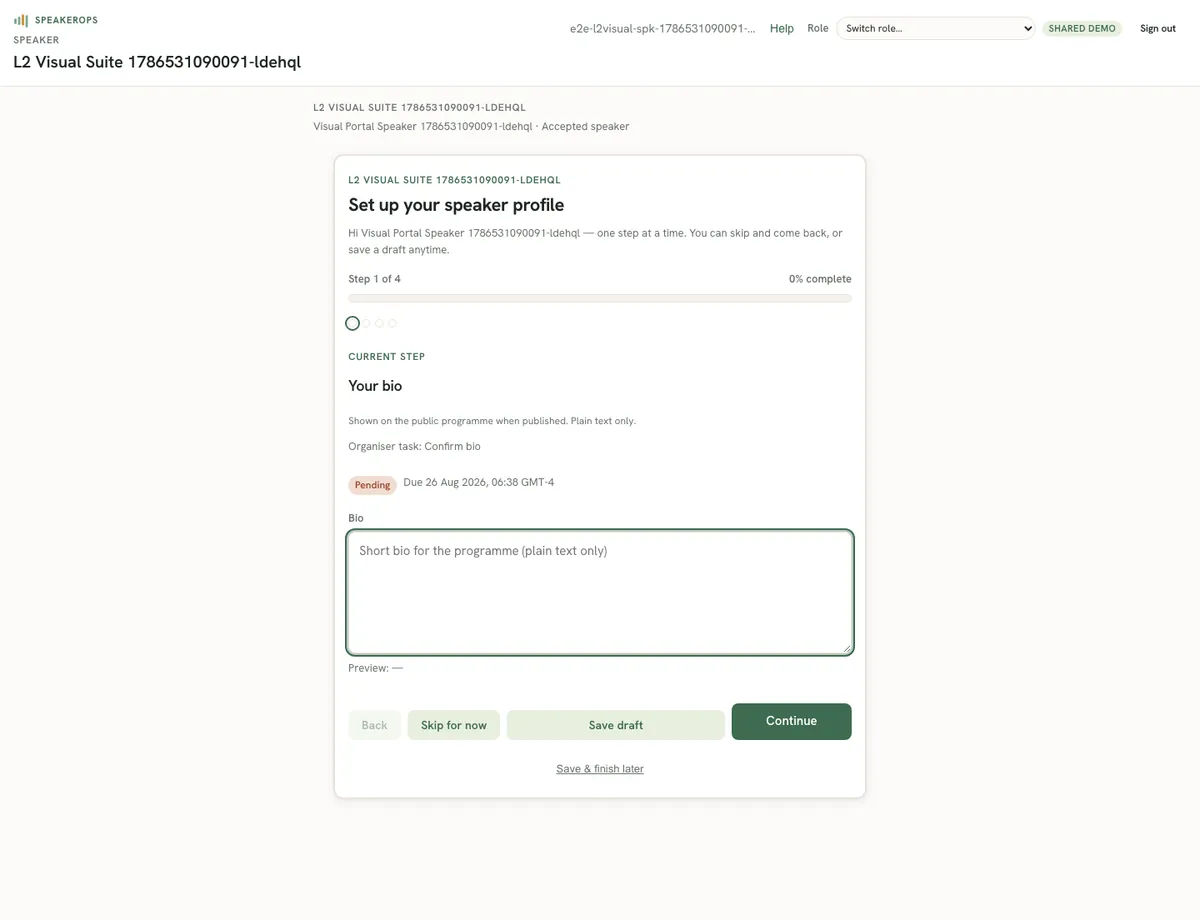 Speaker portal tasks and profile after accept