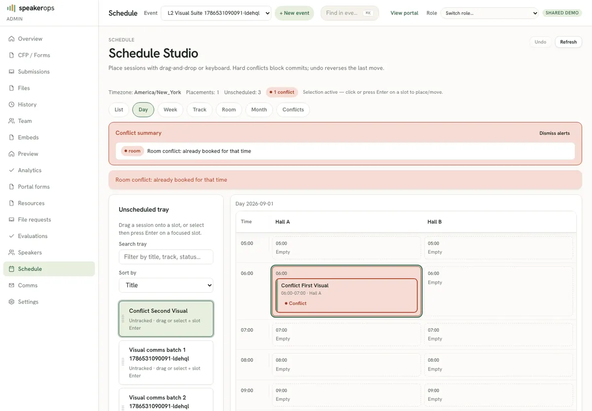 Schedule Studio day board with tray and conflict chrome