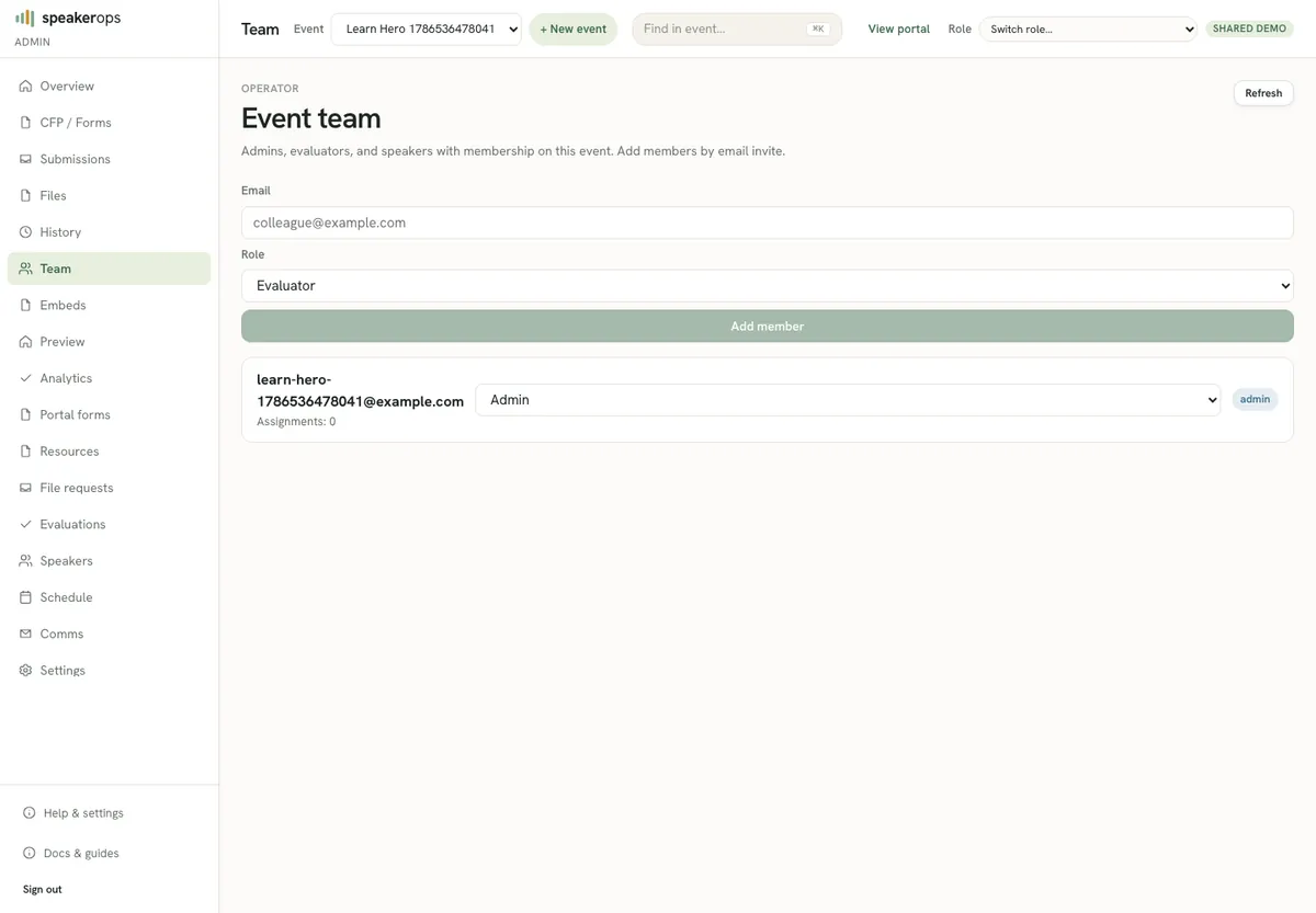Team membership list with invite and role controls